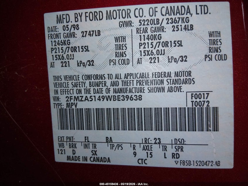 1998 Ford Windstar Gl/Limited/Lx VIN: 2FMZA5149WBE39638 Lot: 45159436