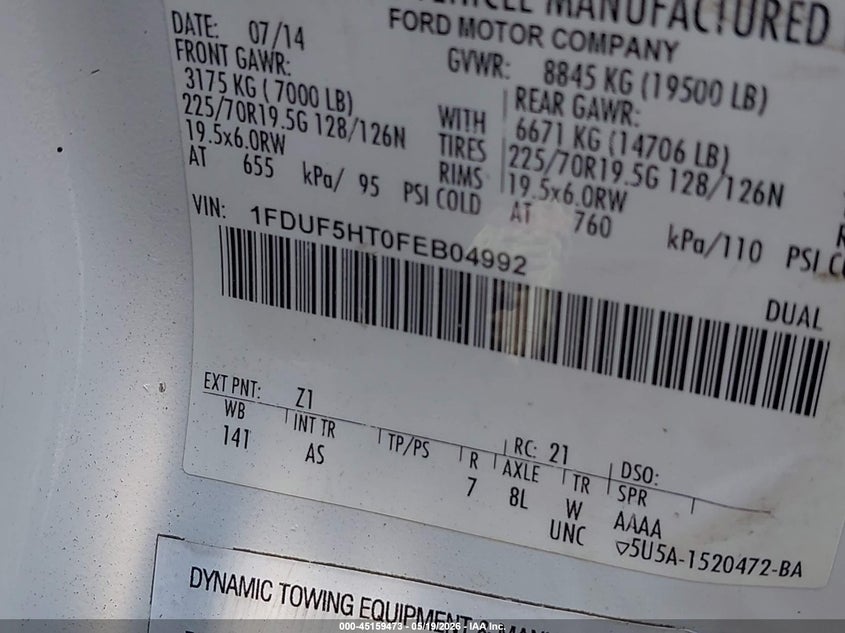 2015 Ford F550 F-550 Chassis Xl white Lot 111045159473 Vin 1FDUF5HT0FEB04992
