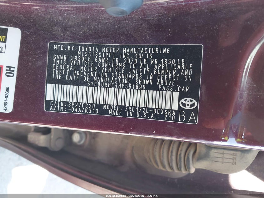 VIN 5YFBURHE4HP594899 2017 TOYOTA COROLLA SE SPECIAL EDITION