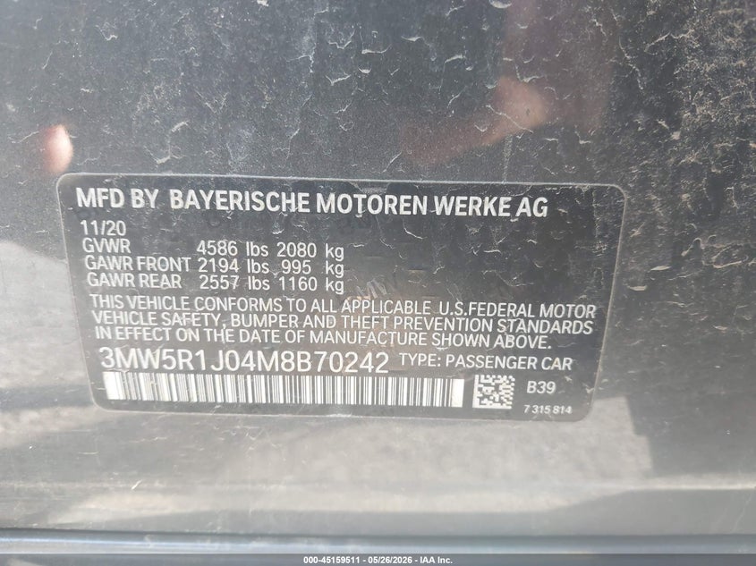 2021 BMW 330I VIN: 3MW5R1J04M8B70242 Lot: 45159511