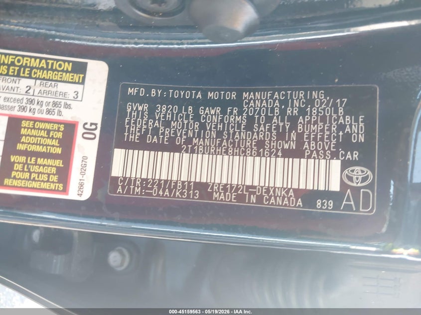 2017 TOYOTA COROLLA SEDAN 1.8L I-4 DOHC, VVT, 132HP