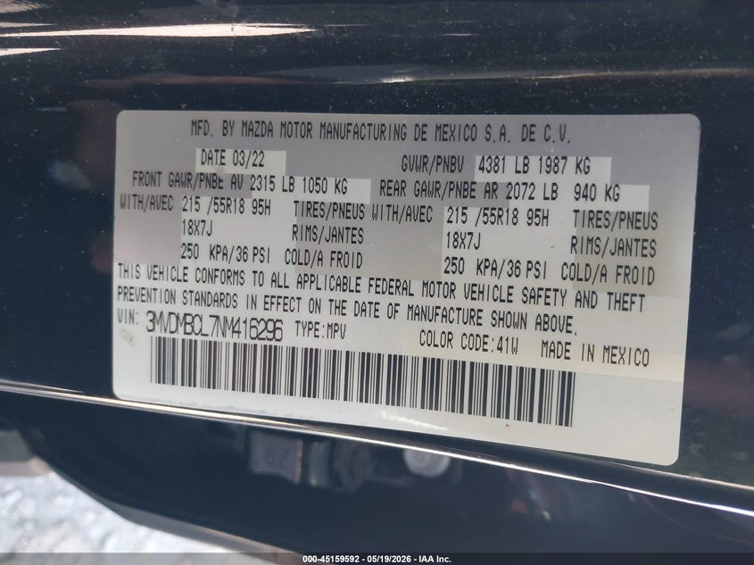 2022 Mazda Cx-30 Preferred VIN: 3MVDMBCL7NM416296 Lot: 45159592