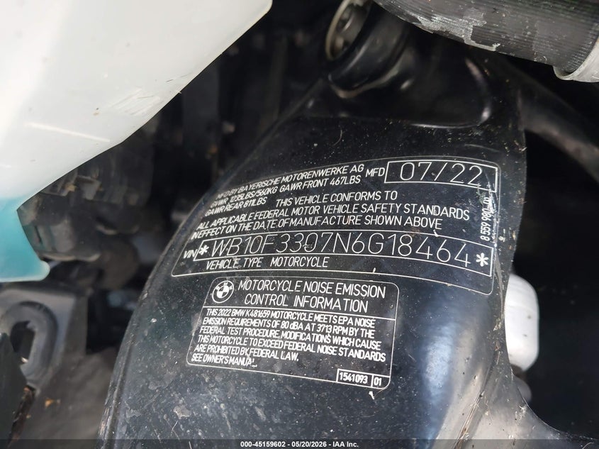 2022 BMW K1600 Gtl VIN: WB10F3307N6G18464 Lot: 45159602