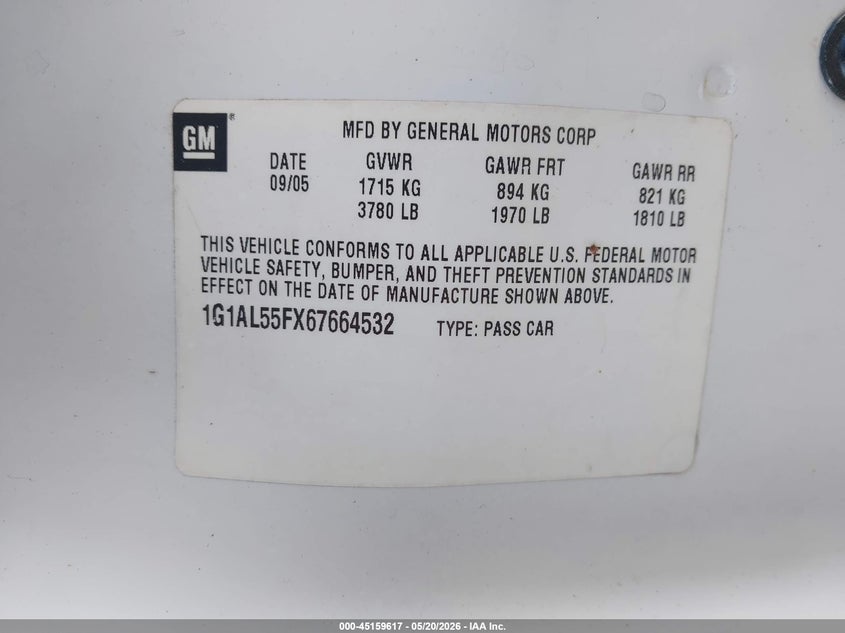 2006 Chevrolet Cobalt Lt VIN: 1G1AL55FX67664532 Lot: 45159617