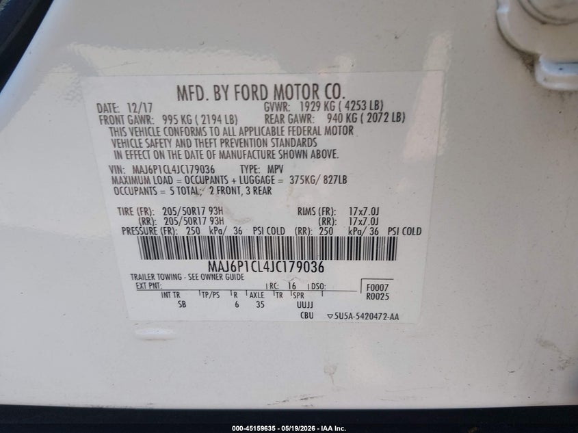 2018 Ford Ecosport Ses VIN: MAJ6P1CL4JC179036 Lot: 45159635