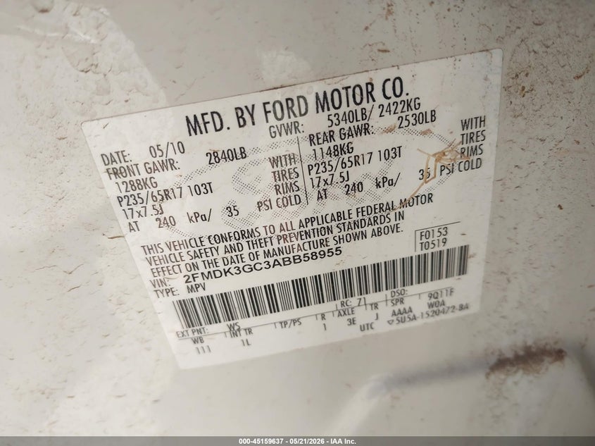 2010 Ford Edge 3.5 Se white Lot 111045159637 Vin 2FMDK3GC3ABB58955