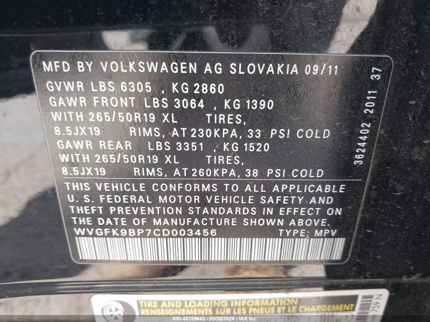 2012 Volkswagen Touareg Tdi Lux VIN: WVGFK9BP7CD003456 Lot: 45159642