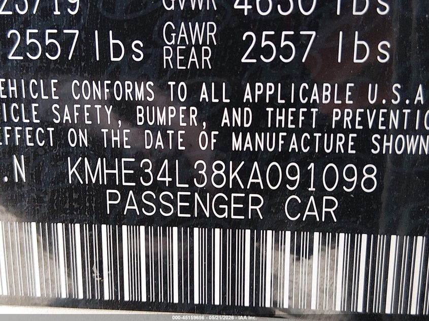 VIN KMHE34L38KA091098 2019 HYUNDAI SONATA HYBRID LIMITED