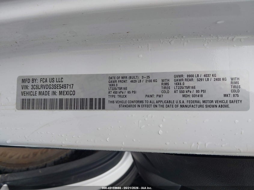 RAM PROMASTER 2500 2025 VIN 3C6LRVDG3SE549717
