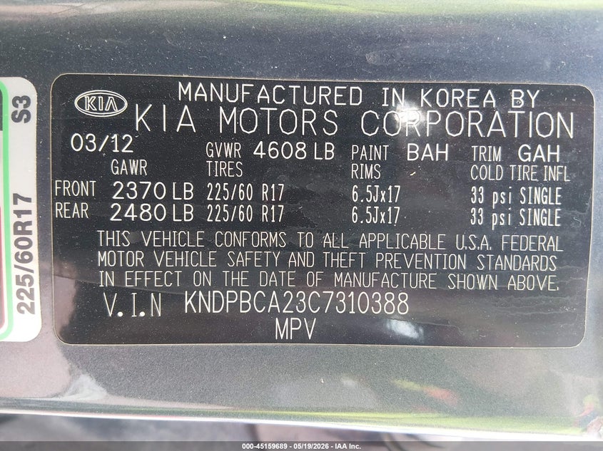 2012 KIA SPORTAGE SPORT UTILITY VEHICLE 2.4L I-4 DOHC, VVT, 176HP