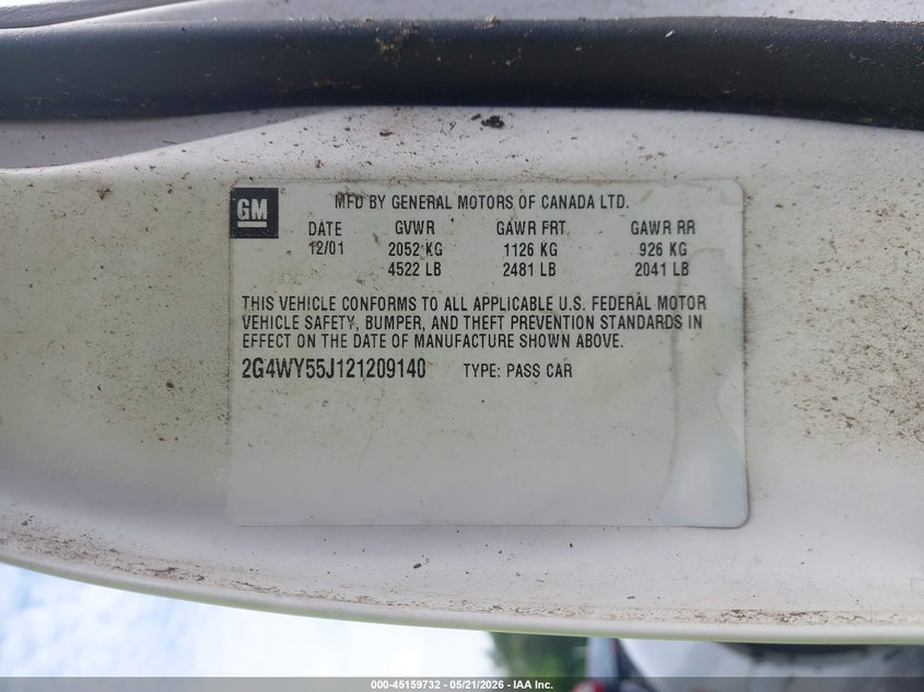 2002 Buick Century Limited VIN: 2G4WY55J121209140 Lot: 45159732