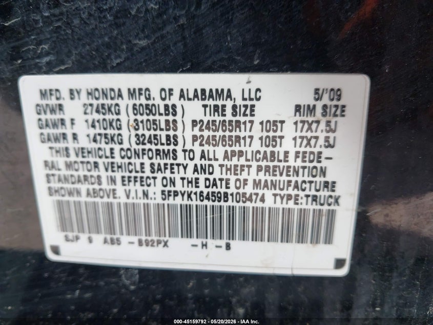 2009 Honda Ridgeline Rts VIN: 5FPYK16459B105474 Lot: 45159792