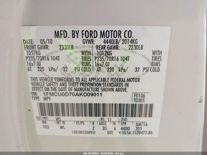2010 Ford Escape 2.5 Xlt white Lot 111045159838 Vin 1FMCU0D70AKD09011