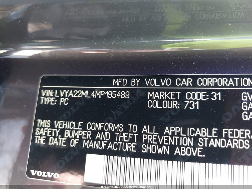 2021 Volvo S90 T6 Inscription VIN: LVYA22ML4MP195489 Lot: 45159875