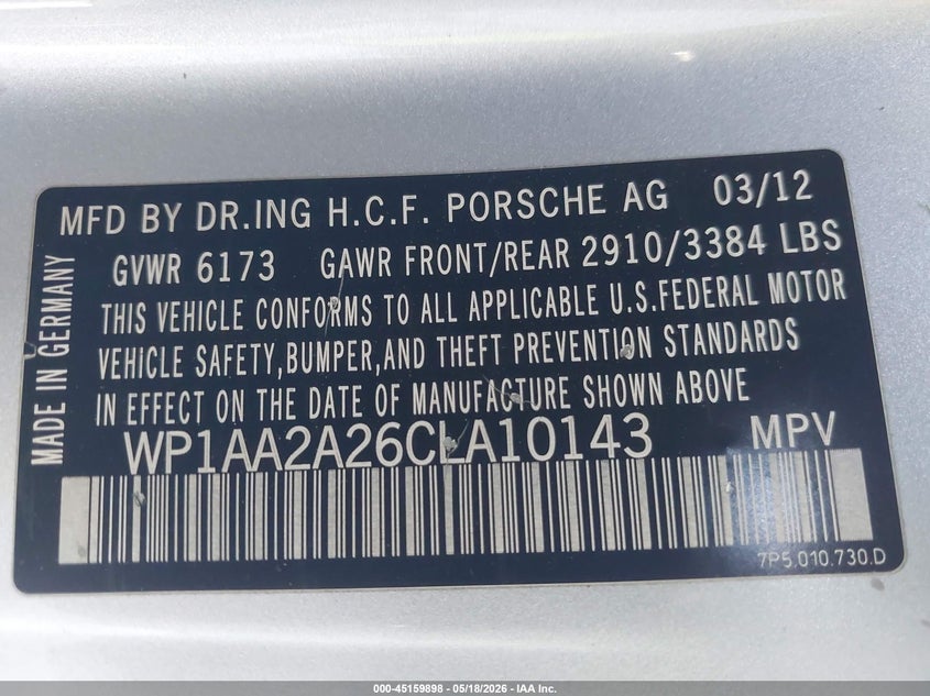 2012 Porsche Cayenne VIN: WP1AA2A26CLA10143 Lot: 45159898