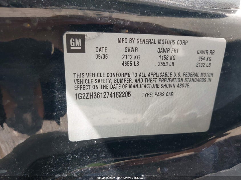 2007 Pontiac G6 Gt VIN: 1G2ZH361274162205 Lot: 45159922