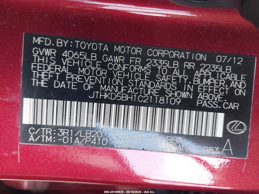 2012 Lexus Ct 200H Premium VIN: JTHKD5BH1C2118109 Lot: 45159929