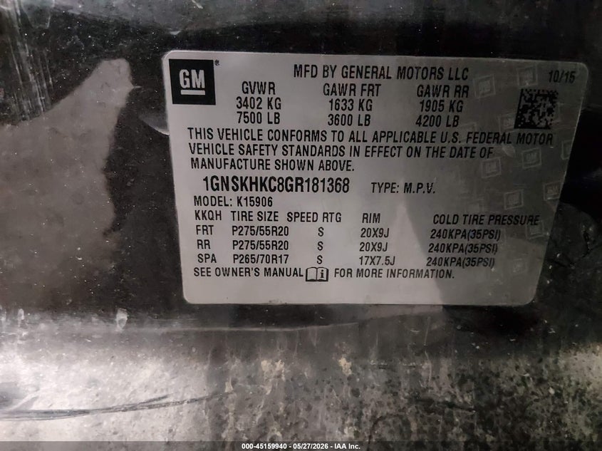 2016 Chevrolet Suburban Lt VIN: 1GNSKHKC8GR181368 Lot: 45159940