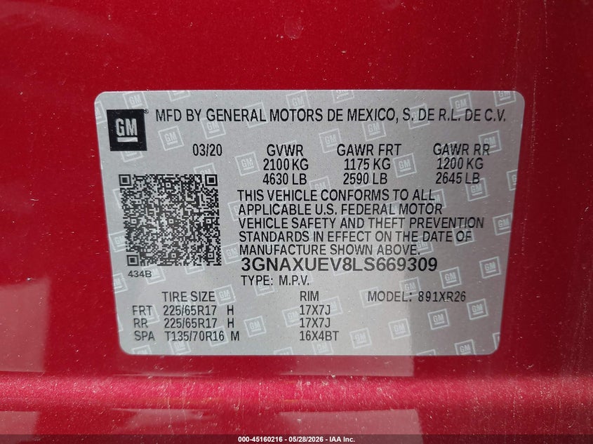 VIN 3GNAXUEV8LS669309 2020 CHEVROLET EQUINOX AWD LT 1.5L TURBO