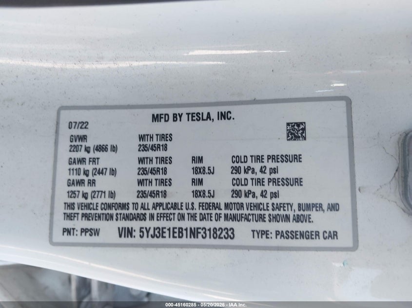 2022 TESLA MODEL 3 ELECTRIC(VIN: 5YJ3E1EB1NF318233
