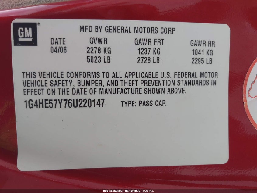 2006 Buick Lucerne Cxs VIN: 1G4HE57Y76U220147 Lot: 45160293