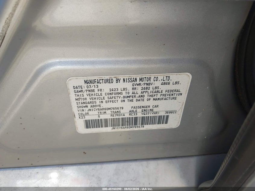 2013 Infiniti G37X VIN: JN1CV6AR6DM765679 Lot: 45160299