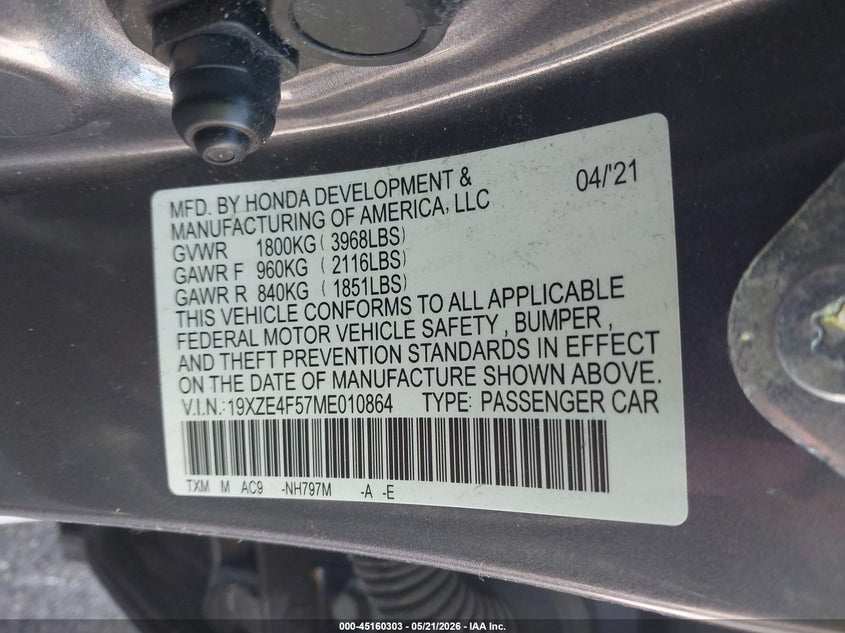 2021 Honda Insight Ex VIN: 19XZE4F57ME010864 Lot: 45160303