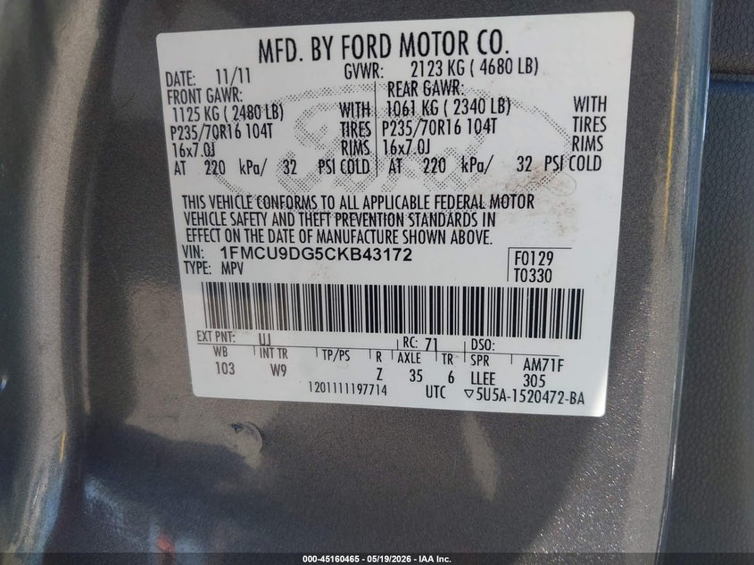 2012 Ford Escape 3.0 Xlt grey Lot 111045160465 Vin 1FMCU9DG5CKB43172