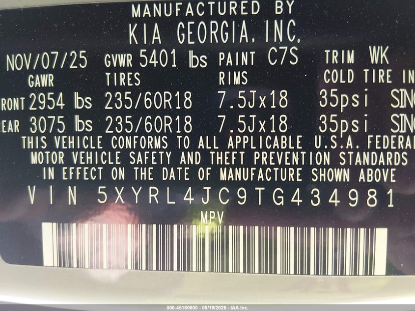 VIN 5XYRL4JC9TG434981 2026 KIA SORENTO S