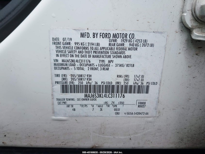 2020 Ford Ecosport Titanium VIN: MAJ6S3KL4LC311176 Lot: 45160635