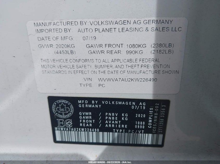 2019 Volkswagen Golf R 2.0T W/Dcc Navigation VIN: WVWVA7AU2KW226490 Lot: 45160656
