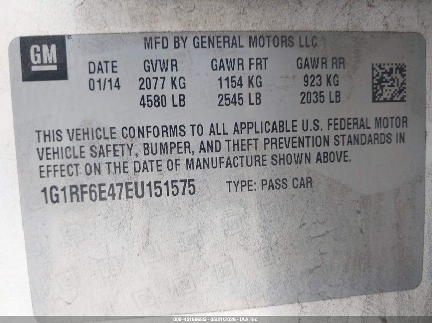 2014 Chevrolet Volt VIN: 1G1RF6E47EU151575 Lot: 45160685