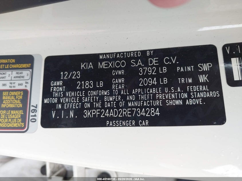 2024 KIA FORTE 2.0L I-4 DOHC, VVT, (VIN: 3KPF24AD2RE734284