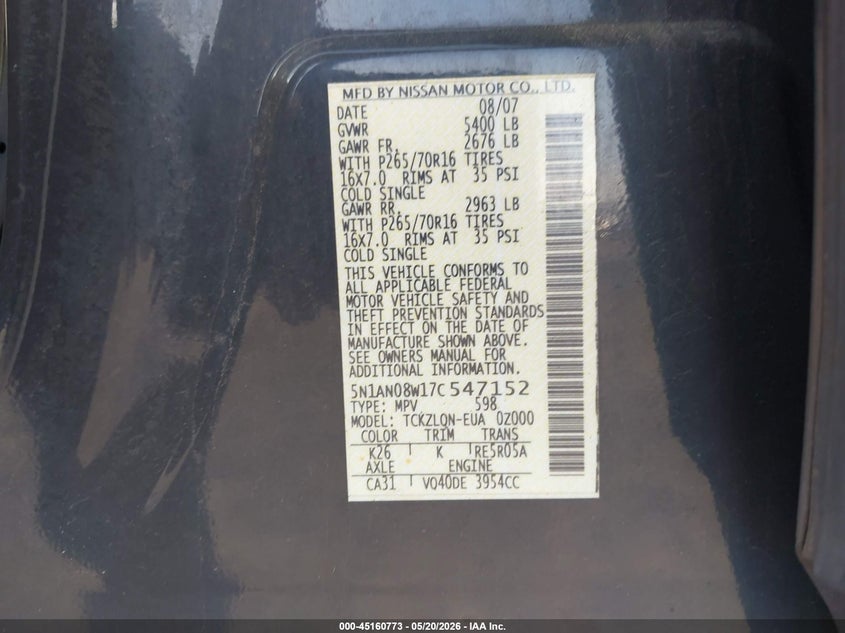 2007 Nissan Xterra X VIN: 5N1AN08W17C547152 Lot: 45160773