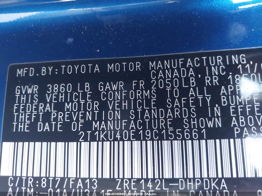 2009 Toyota Matrix VIN: 2T1KU40E19C155661 Lot: 45160940