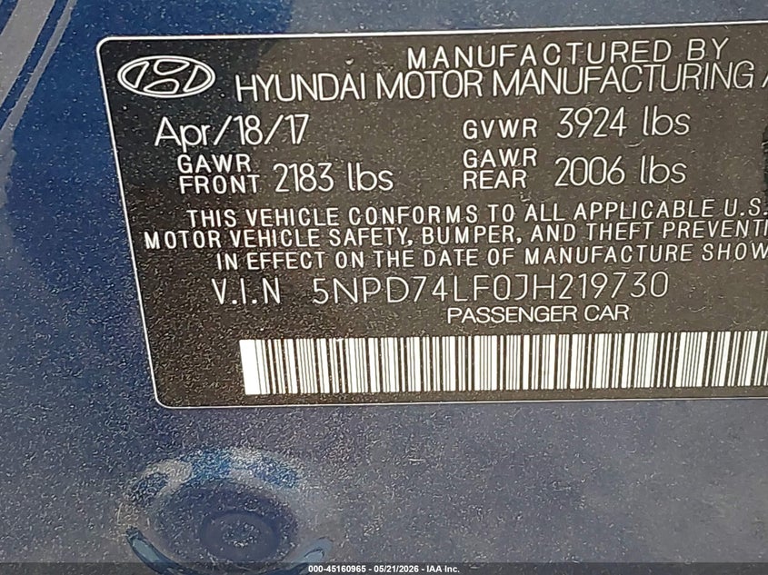 VIN 5NPD74LF0JH219730 2018 HYUNDAI ELANTRA SE