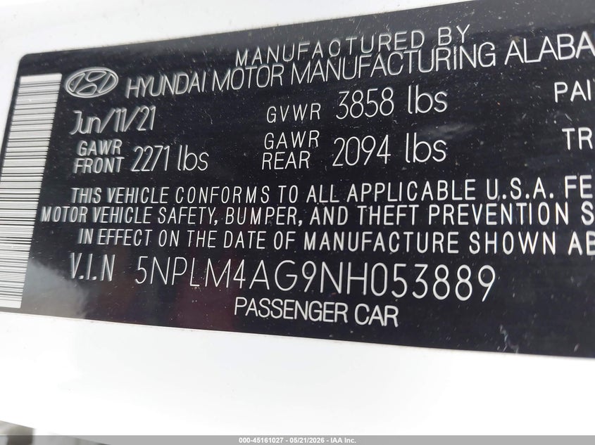 VIN 5NPLM4AG9NH053889 2022 HYUNDAI ELANTRA SEL