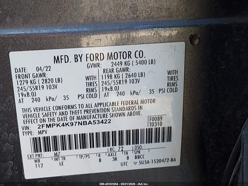VIN 2FMPK4K97NBA53422 2022 FORD EDGE TITANIUM