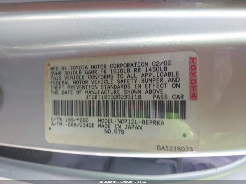 2002 Toyota Echo VIN: JTDBT183320233118 Lot: 45161100