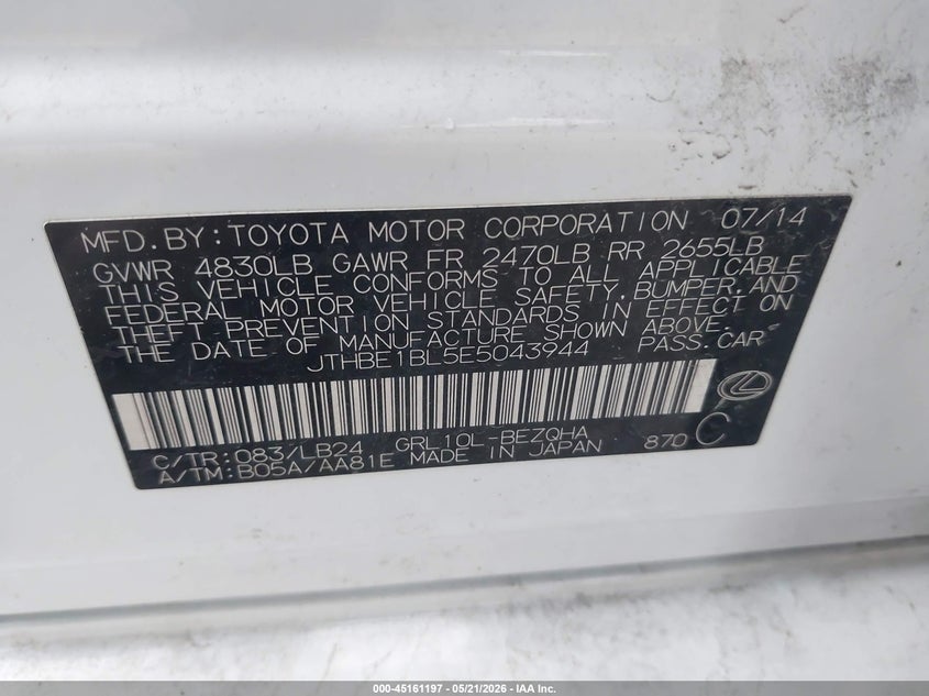2014 Lexus Gs 350 VIN: JTHBE1BL5E5043944 Lot: 45161197