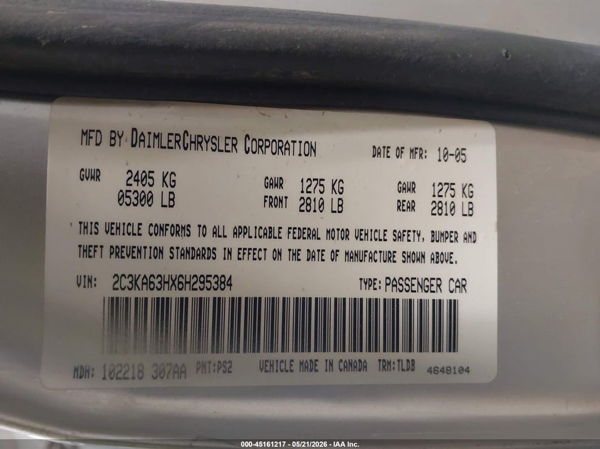2006 Chrysler 300C VIN: 2C3KA63HX6H295384 Lot: 45161217
