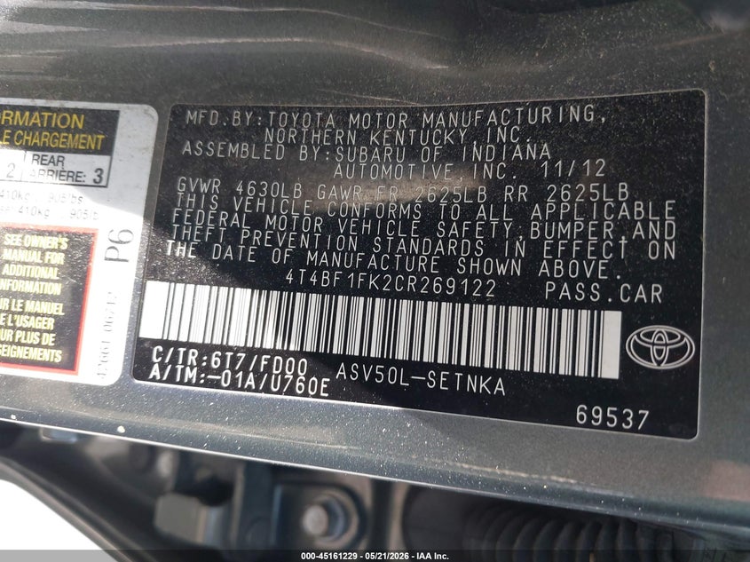 2012 TOYOTA CAMRY SEDAN 2.5L I-4 DOHC, VVT, 173HP