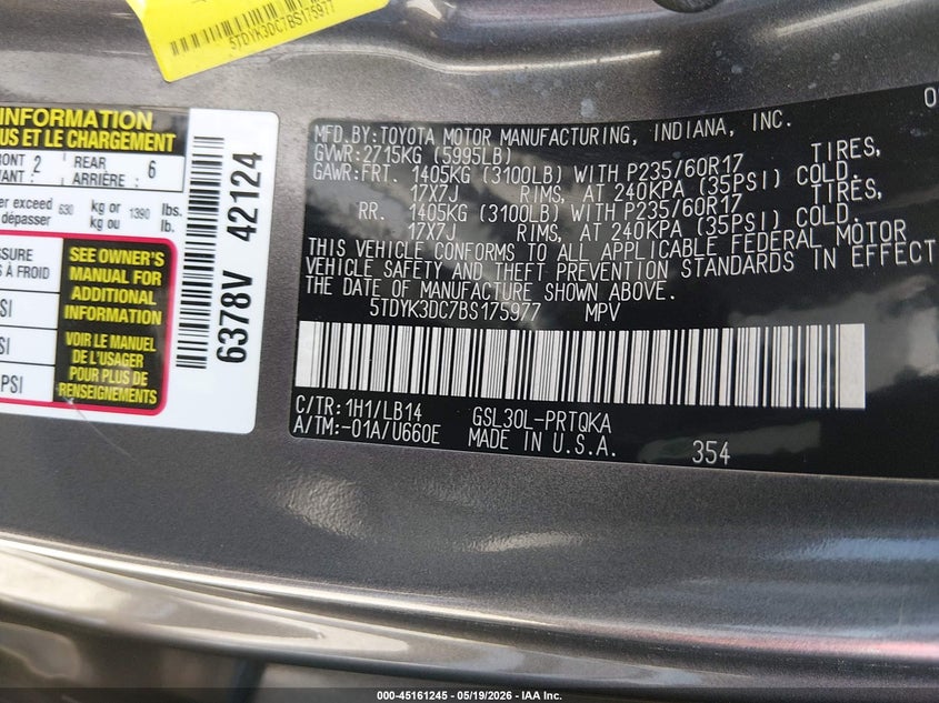5TDYK3DC7BS175977 2011 Toyota Sienna 3.5 Xle V6 grey