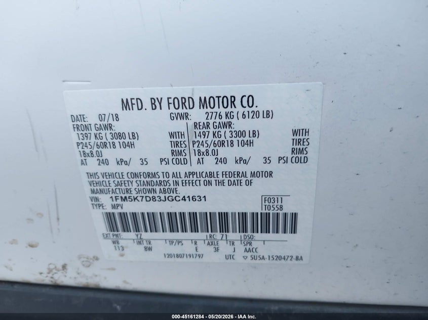 VIN 1FM5K7D83JGC41631 2018 FORD EXPLORER XLT