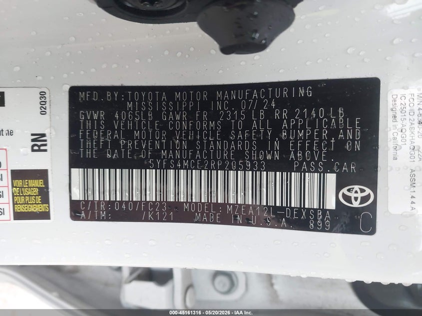 2024 TOYOTA COROLLA 2.0L I-4 DI, DOHC, V(VIN: 5YFS4MCE2RP205933