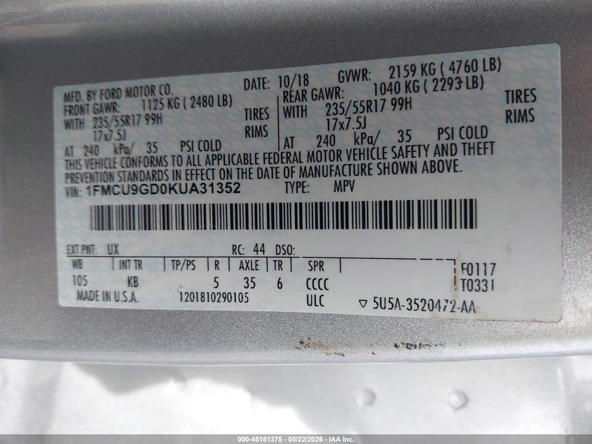 VIN 1FMCU9GD0KUA31352 2019 FORD ESCAPE SE