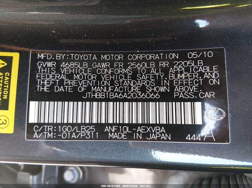 2010 Lexus Hs 250H VIN: JTHBB1BA6A2036066 Lot: 45161465