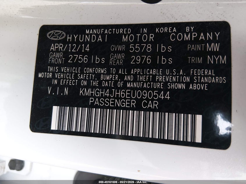 2014 Hyundai Equus Signature VIN: KMHGH4JH6EU090544 Lot: 45161506