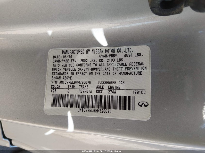 2017 Infiniti Q60 2.0T VIN: JN1CV7EL6HM320070 Lot: 45161519
