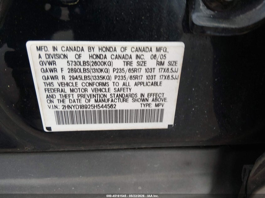 2005 Acura Mdx VIN: 2HNYD18925H544562 Lot: 45161545